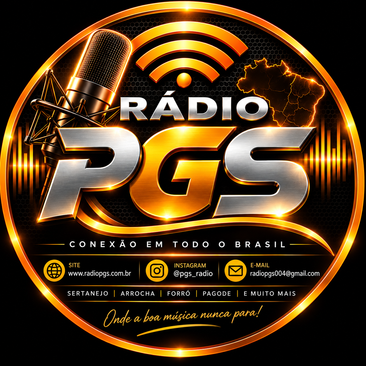 Logo oficial da Rádio PGS com microfone dourado